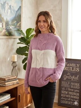 Easel Los Angeles Chalet Sweater – Purple & White Colorblock Cable Knit NWT
